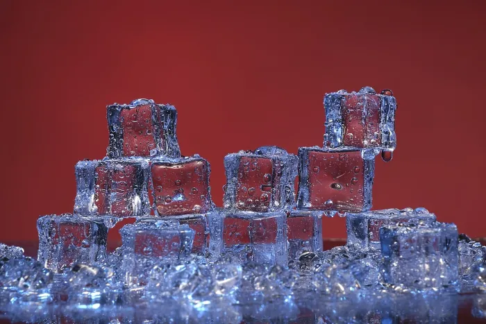 Framed Print : Transparent Cold Ice Cubes Print on Red Background Framed Print : Transparent Cold Ice Cubes Print on Red Background