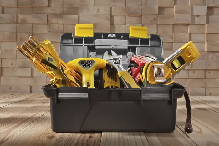 Framed Print : Various Work Tools in a Small Black Toolbox Print Framed Print : Various Work Tools in a Small Black Toolbox Print