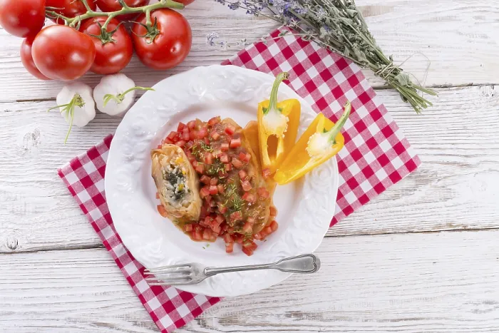 Framed Print : Vegetarian Cabbage Rolls Print with Spinach and Salsa Framed Print : Vegetarian Cabbage Rolls Print with Spinach and Salsa