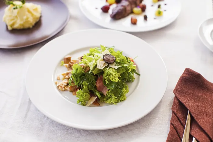 Framed Print : Top View Appetizer Print - Truffle Prosciutto Salad