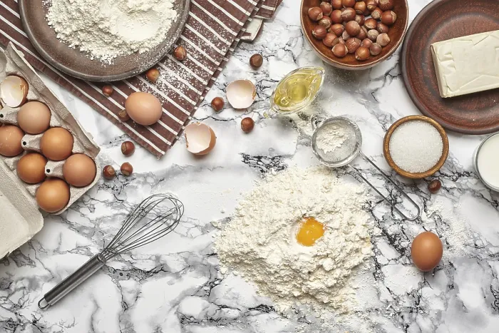 Framed Print : Top View of Baking Ingredients on Marble Print Framed Print : Top View of Baking Ingredients on Marble Print