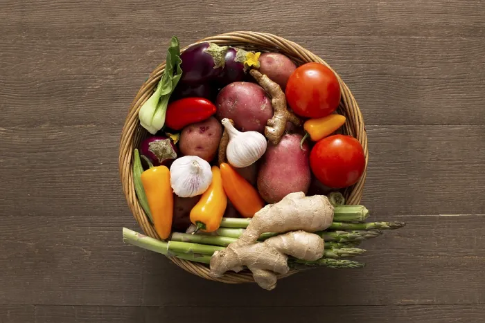 Framed Print : Top View Basket with Vegetables Print Framed Print : Top View Basket with Vegetables Print
