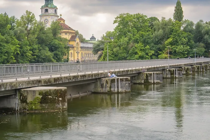 Framed Print : View of a bridge over a quiet river, Munich Germany Print