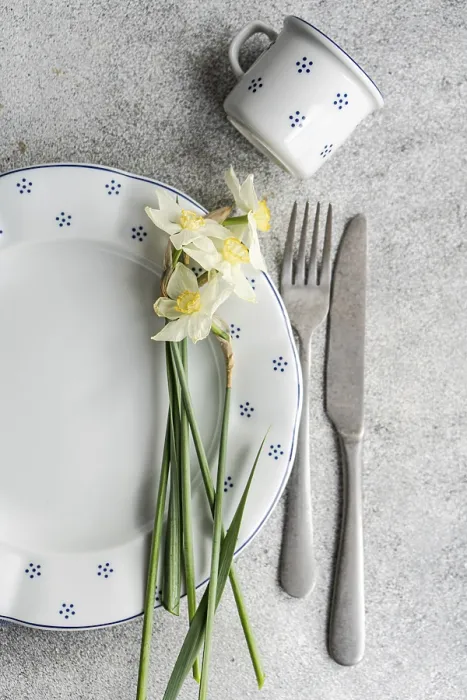 Framed Print : Charming Table Setting Print with Blue Dots and Daffodils Framed Print : Charming Table Setting Print with Blue Dots and Daffodils