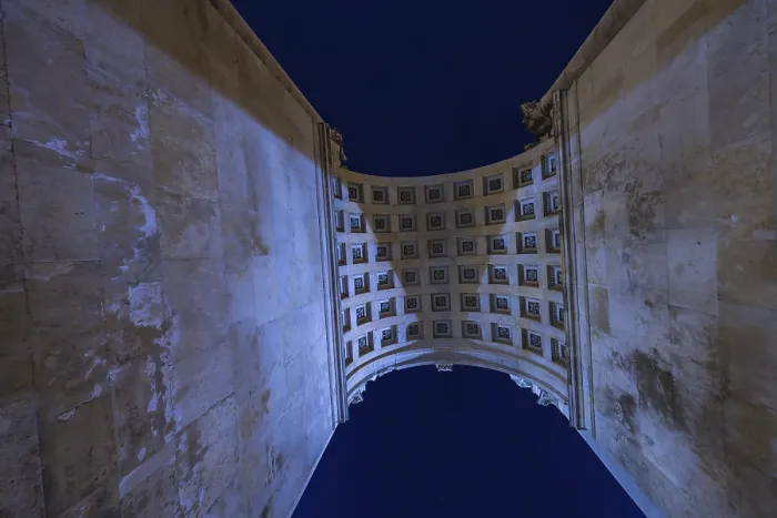 Framed Print : View through a high arcade into the night sky with grid structure, Siegestor Print Framed Print : View through a high arcade into the night sky with grid structure, Siegestor Print