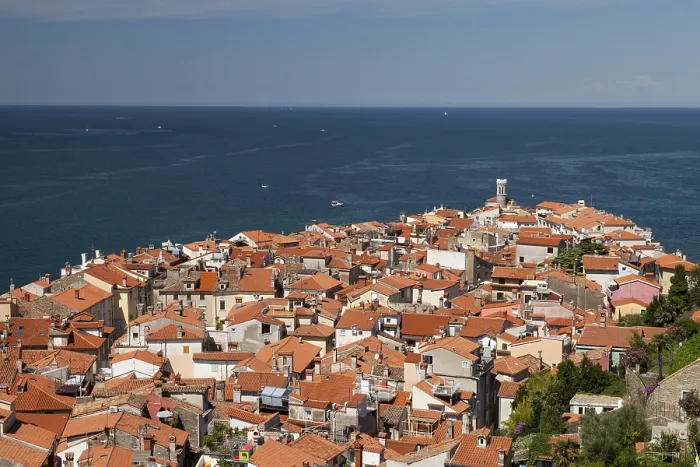 Framed Print : View of the Historic Centre with Lighthouse Print, Piran, Slovenia
