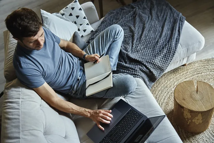 Framed Print : Above View Print of Remote Work at Home Office Framed Print : Above View Print of Remote Work at Home Office