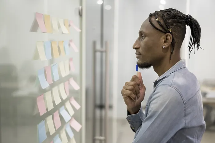 Framed Print : Side View Man Thinking Office with Sticky Notes Print Framed Print : Side View Man Thinking Office with Sticky Notes Print