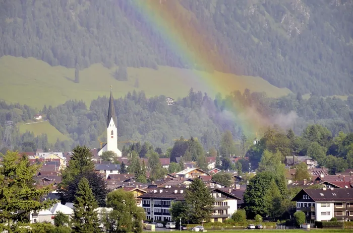 Framed Print : View over Oberstdorf with rainbow print, Bavaria, Germany Framed Print : View over Oberstdorf with rainbow print, Bavaria, Germany