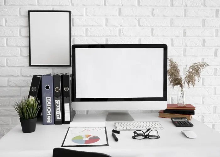 Framed Print : Front View Office Desk Print with Computer Screen Framed Print : Front View Office Desk Print with Computer Screen