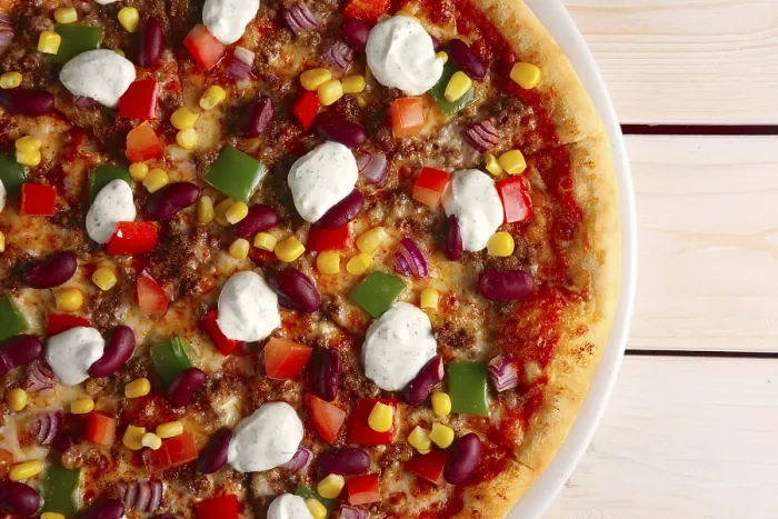 Framed Print : Top View of Pizza with Bean, Mozzarella, Pepper and Corn Print Framed Print : Top View of Pizza with Bean, Mozzarella, Pepper and Corn Print