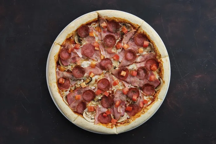 Framed Print : Top View Print of Pizza with Ham, Bacon and Sausage Framed Print : Top View Print of Pizza with Ham, Bacon and Sausage