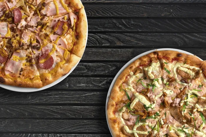 Framed Print : Top View of Two Pizzas on Table Print