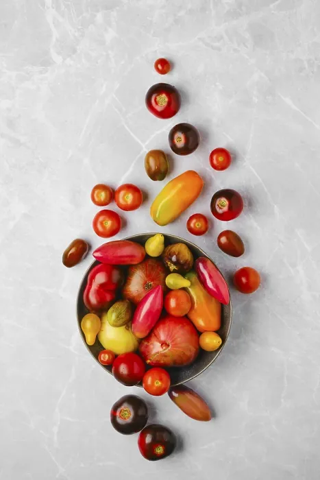Framed Print : Top View of Plate with Various Tomatoes Print Framed Print : Top View of Plate with Various Tomatoes Print