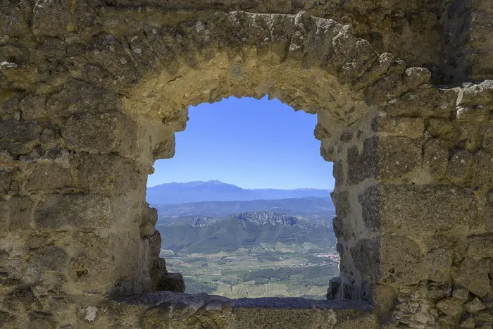 Framed Print : View from a stone arch, Queribus Cathar castle Print Framed Print : View from a stone arch, Queribus Cathar castle Print