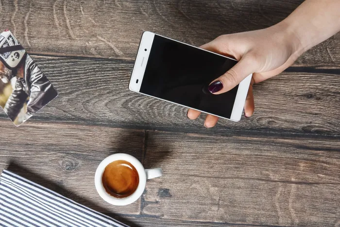 Framed Print : Top View Print of Table with Coffee and Smartphone Framed Print : Top View Print of Table with Coffee and Smartphone