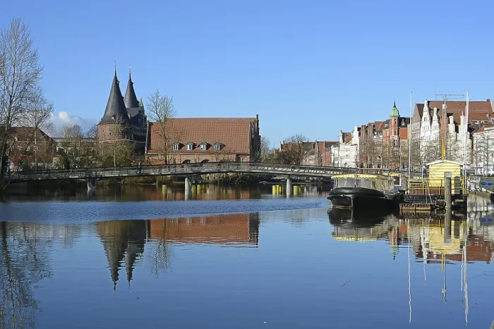 Framed Print : View of the Trave with Holsten Gate Print, Lübeck, Germany Framed Print : View of the Trave with Holsten Gate Print, Lübeck, Germany