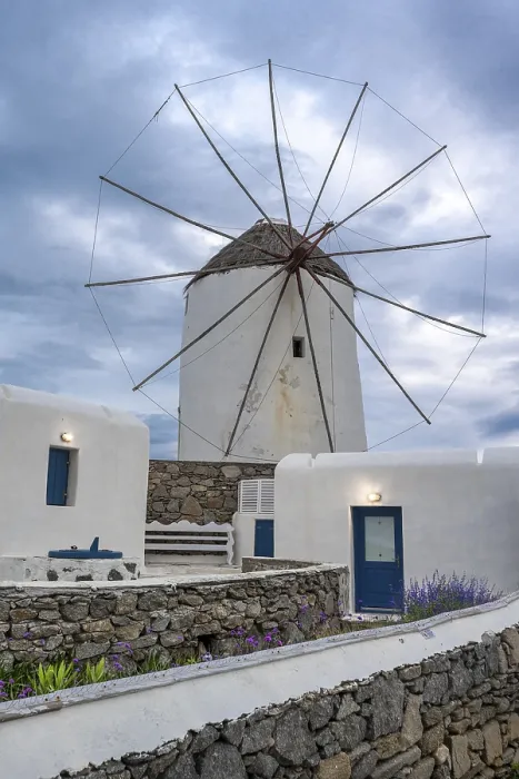 Framed Print : White Cycladic House with Windmill Print, Mykonos, Greece