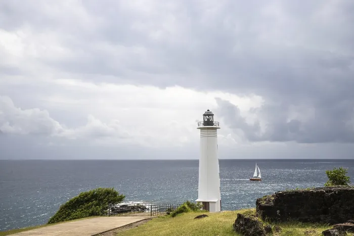 Framed Print : White Lighthouse Print: Guadeloupe Coastline Scene