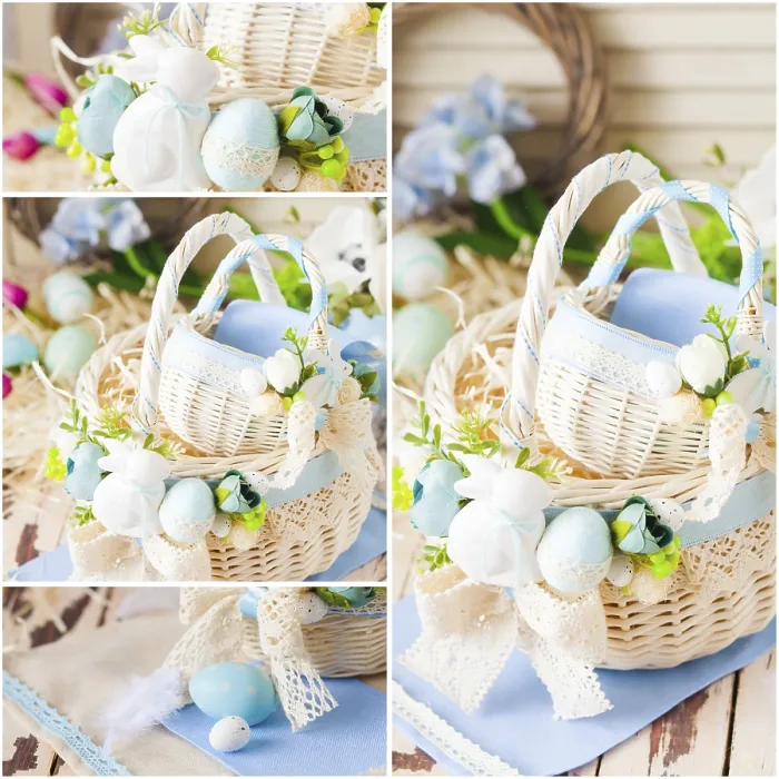 Framed Print : White Wicker Easter Basket Print in Provençal Style Framed Print : White Wicker Easter Basket Print in Provençal Style