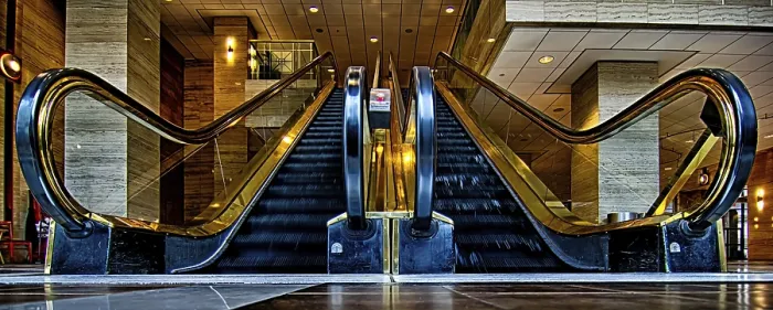 Framed Print : Wide Panoramic Angle of Escalator Flow Low Point Print Framed Print : Wide Panoramic Angle of Escalator Flow Low Point Print