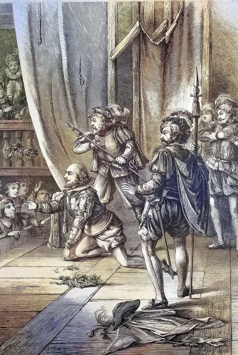 Framed Print : Digitally restored coloured print of William Shakespeare in chains on stage Framed Print : Digitally restored coloured print of William Shakespeare in chains on stage