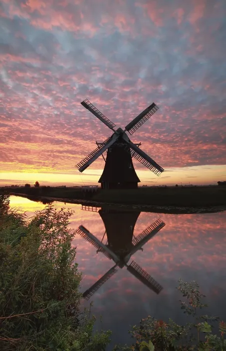 Framed Print : Windmill and Sunrise Sky Reflected in River Print, Holland