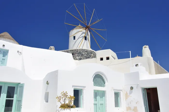 Framed Print : Windmill in Cycladic Style Print, Santorini, Greece Framed Print : Windmill in Cycladic Style Print, Santorini, Greece