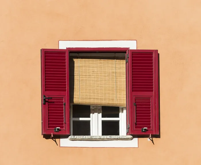Framed Print : Window with Red Shutters and Blinds Print, Corte, Corsica Framed Print : Window with Red Shutters and Blinds Print, Corte, Corsica