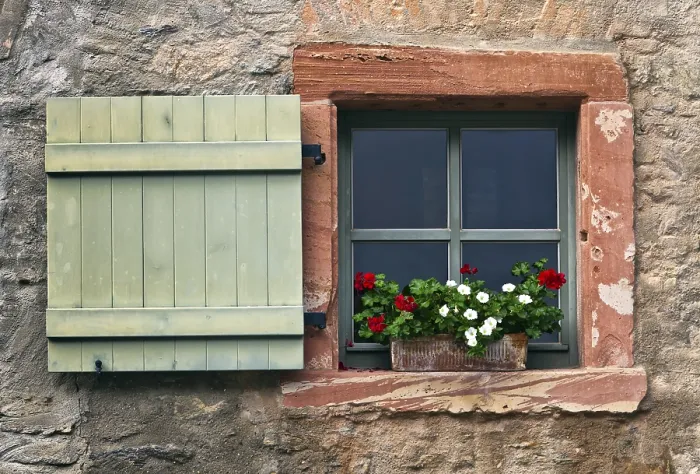 Framed Print : Window with Shutters and Geraniums Print, Eberbach, Germany Framed Print : Window with Shutters and Geraniums Print, Eberbach, Germany