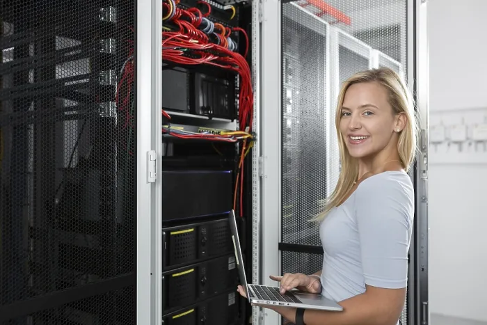Framed Print : Woman with Laptop Programming in Server Room Print Framed Print : Woman with Laptop Programming in Server Room Print