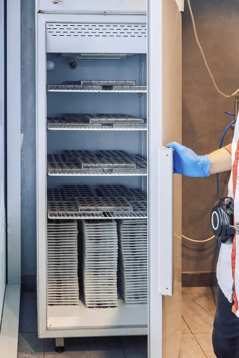 Framed Print : Worker Opens Refrigerator to Store Chocolates Print Framed Print : Worker Opens Refrigerator to Store Chocolates Print