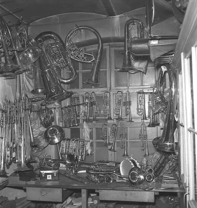Framed Print : 1940s Mechanical Workshop Print: Brass Instruments in a Swedish Workshop Framed Print : 1940s Mechanical Workshop Print: Brass Instruments in a Swedish Workshop