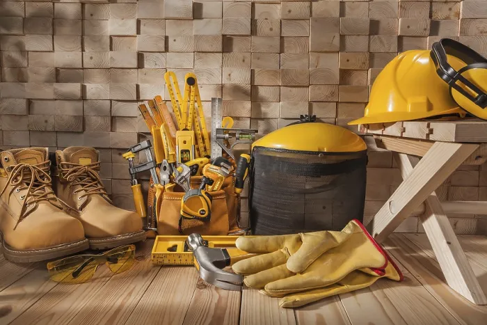 Framed Print : Yellow Carpenter Working Tools Print on Construction Site Framed Print : Yellow Carpenter Working Tools Print on Construction Site