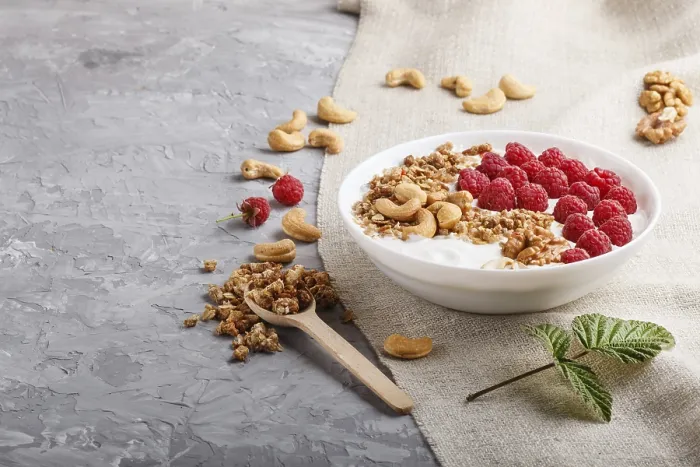 Framed Print : Yoghurt with Raspberry, Granola Print Framed Print : Yoghurt with Raspberry, Granola Print