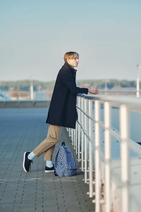 Framed Print : Young Student Print with Backpack and Wool Coat Framed Print : Young Student Print with Backpack and Wool Coat