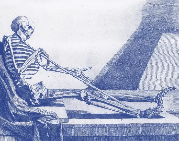 Framed Print : Death Rests Print: A Skeletal Figure on a Dissection Slab Framed Print : Death Rests Print: A Skeletal Figure on a Dissection Slab