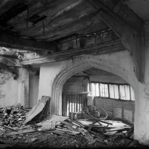 Print of The Great Hall, Norwich interior showing bomb damage in 1942 Print of The Great Hall, Norwich interior showing bomb damage in 1942