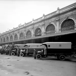 Print of Smithfield Market delivery drivers posing with vans Print of Smithfield Market delivery drivers posing with vans