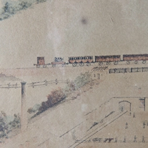 Detail of broad gauge locomotive and carriages at Swindon, 1849