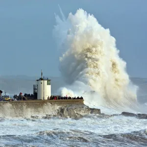 Huge wave breaking at Porthcawls sea wall