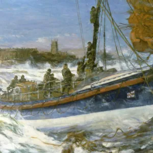 Oil painting. Cromer lifeboat going to the aid of the Sepoy in 1933. Town in the background. Lifeboat foreground centre. Sails of the Sepoy to its right. Artist Charles Dixon RA