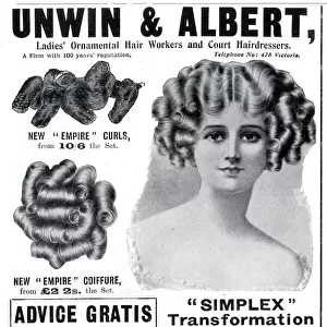 Advert for Unwin & Albert womens coiffure 1908 Advert for Unwin & Albert womens