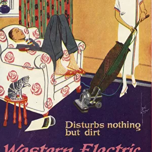 Advertisement for the Western Electric vacuum cleaner with a women patiently cleaning