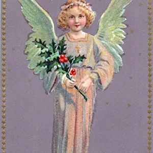 Angel with holly on a Christmas postcard