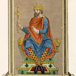 Anglo-Saxon king in his State Habit wears a blue tunic with embroidered hem