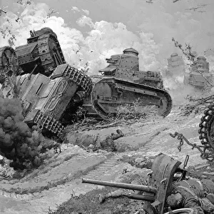 Army tanks in battle with planes overhead, WW2