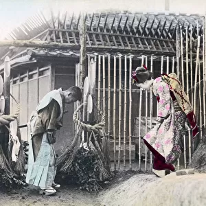 Bowing in greeting, Japan, circa 1890s. Date: circa 1890s