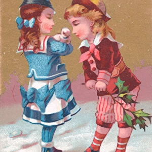 Boy and girl in the snow on a Christmas card