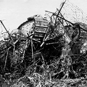 British tank in action, Western Front, France, WW1